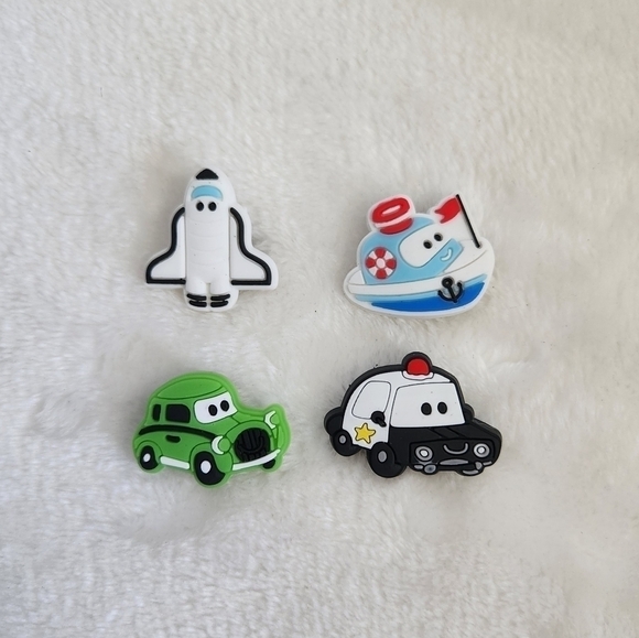 Crocs Jibbitz Cartoon Car Plane Sail Boat Police Car Shoe Charms Set of 4 - Picture 1 of 6